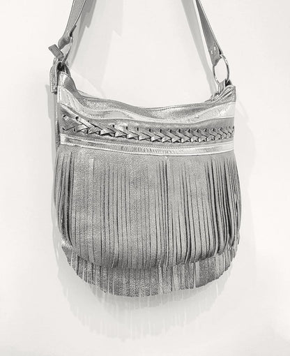 Metallic silver Leather Fringe Bag, beaded boho braided leather
