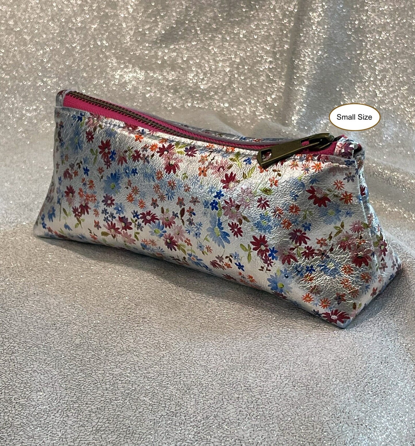 Small Metallic Silver Floral Leather makeup purse, Ditsy print