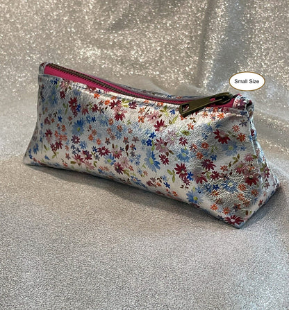 Small Metallic Silver Floral Leather makeup purse, Ditsy print