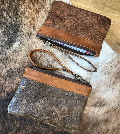 Tooled Leather Wristlet, Australian western floral embossed clutch
