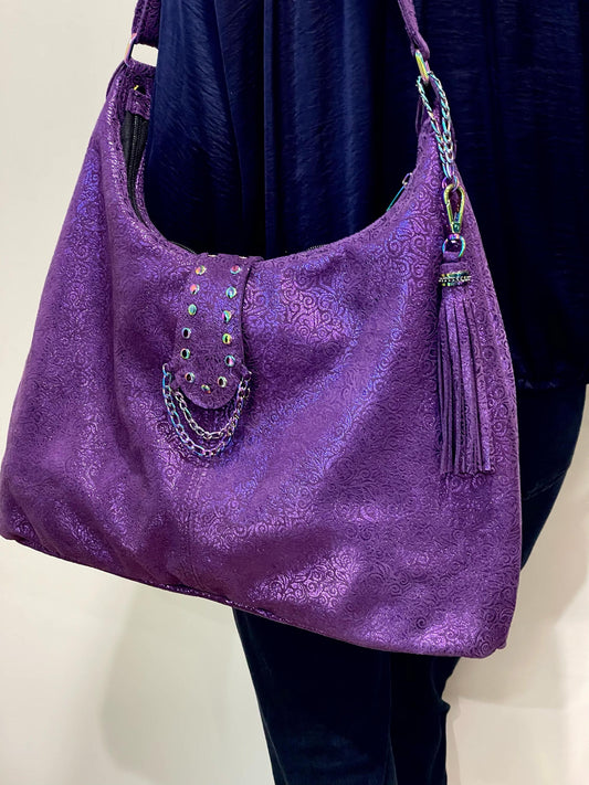 Metallic Purple Soft Italian Hobo, fine florentine design on surface, zip pockets