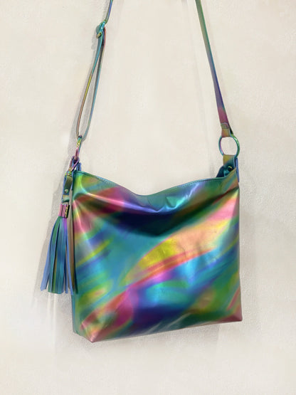 Multi colour Rainbow Aurora Borealis leather crossbody bag