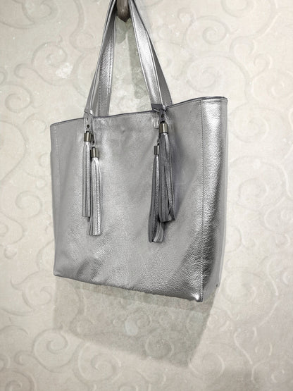 Metallic Silver Leather Tote