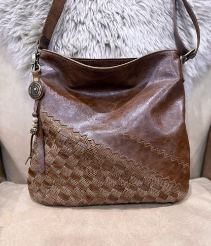 Hand woven vintaged chocolate brown leather crossbody Bag magnet close