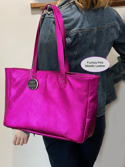 Choose colour wide Metallic Leather Tote, free zipper purse