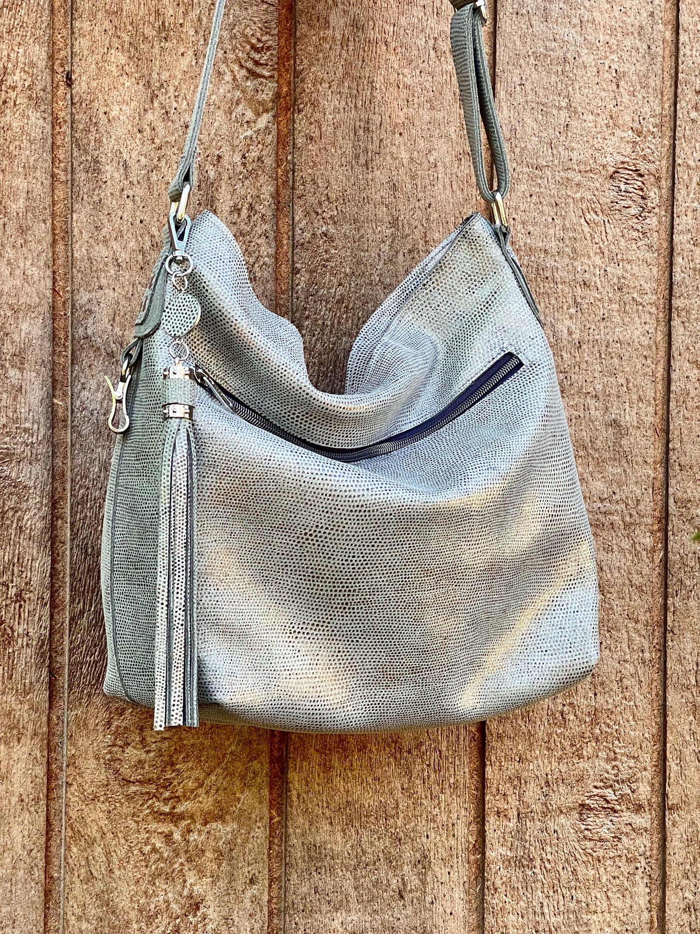 pearl grey printed hobo bag zipper pocket