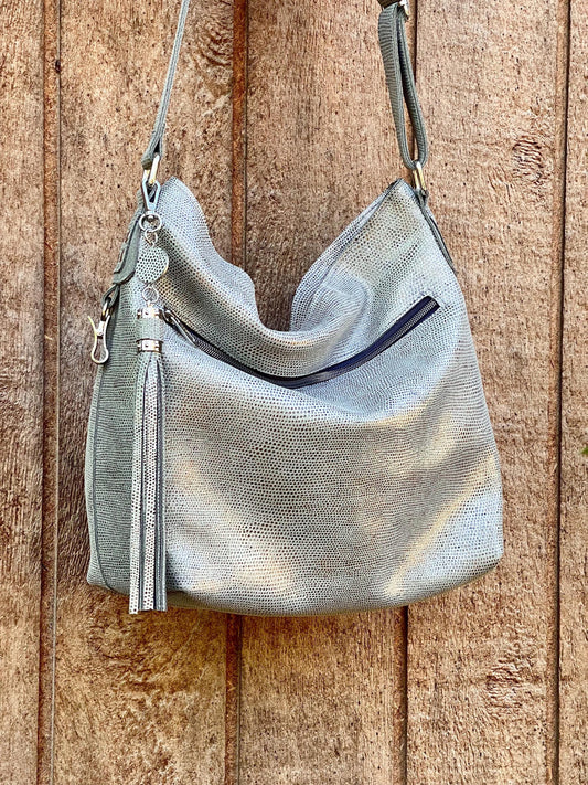 pearl grey printed hobo bag zipper pocket