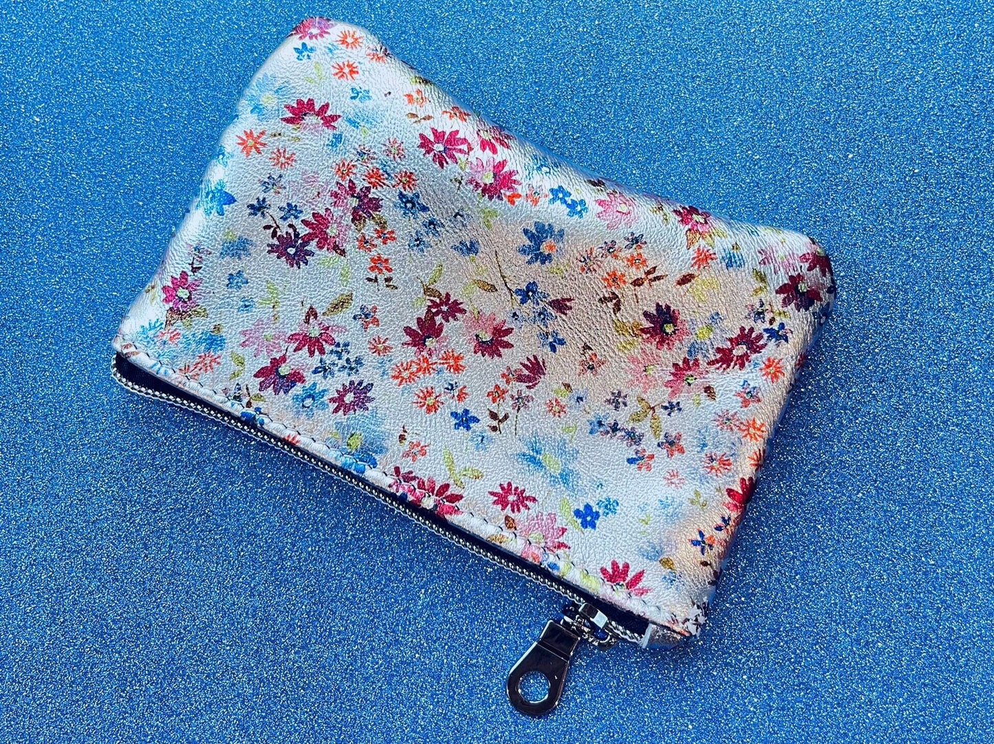 Metallic ditsy floral coin purse, small print on silver leather gift idea
