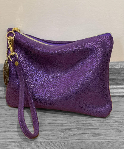 Purple Metallic leather wristlet with purple metallic print