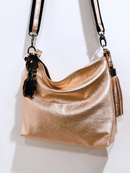 Rose Gold metallic crossbody bag, peach metallic leather