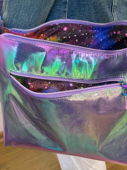 Metallic Rainbow on blue Aurora leather crossbody bag, smooth soft highlights leather bag