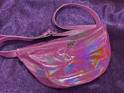 Holographic Pink Oversized Sling bag, travel bag, backpack, cycling bag, genuine leather