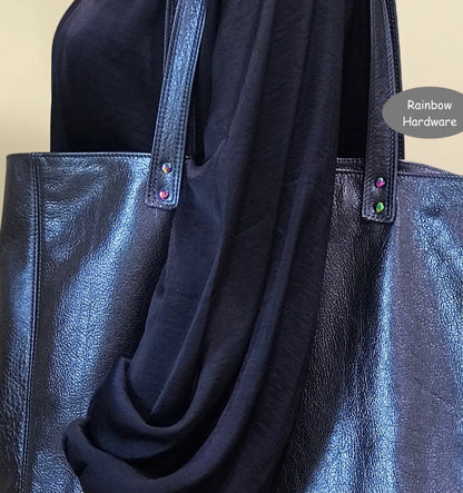 Metallic Cobalt Leather Tote, Soft relaxed luxury metallic leather, free leather purse, electric blue