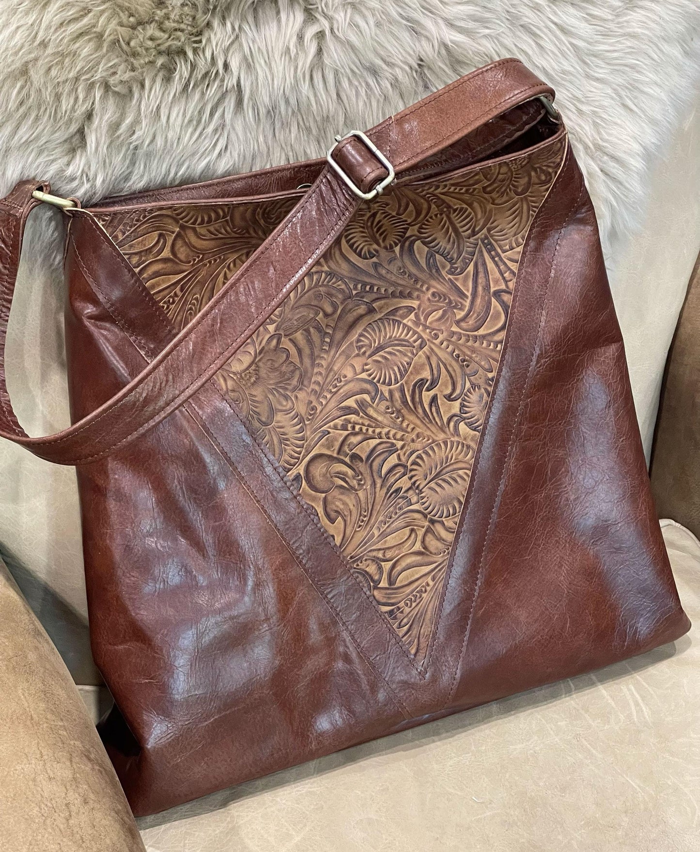Brown tooled leather Tote bag, Premium Leather, flower and leaf design