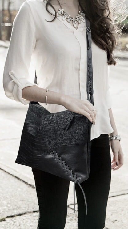 Black Tooled leather crossbody, Boheme artisan leather Bag