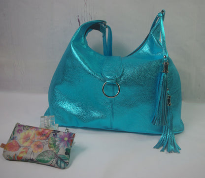 Womens metallic turquoise Italian Hobo