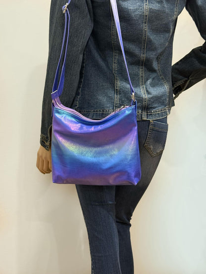 Metallic Rainbow on blue Aurora leather crossbody bag, smooth soft highlights leather bag