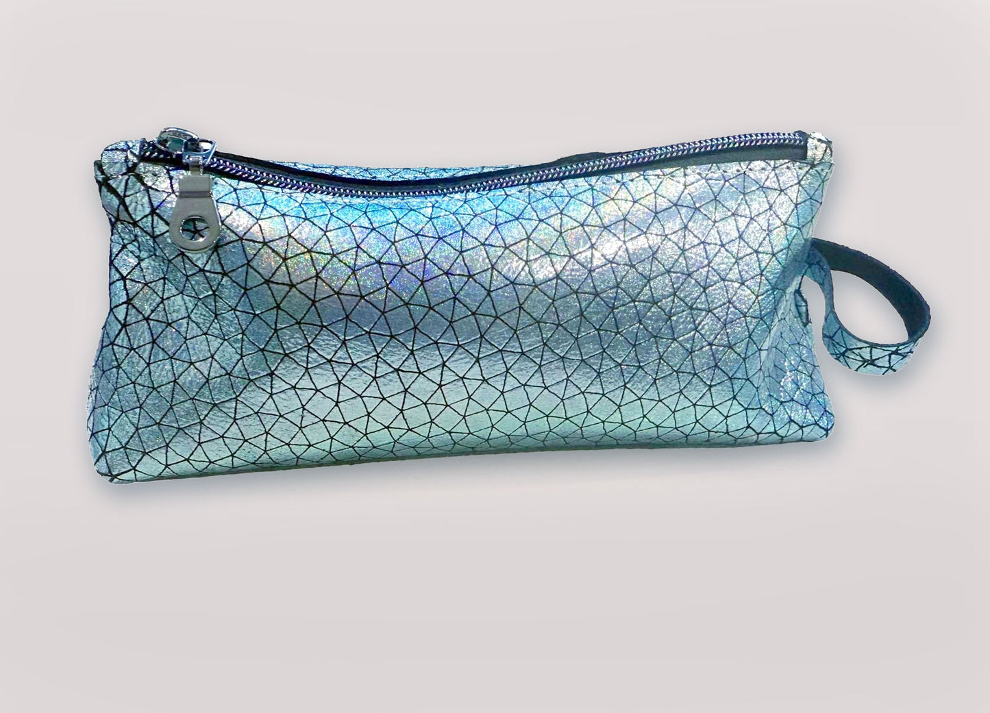 Holographic Blue Geometric Leather makeup purse