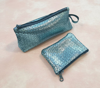 Holographic Blue Geometric Leather makeup purse