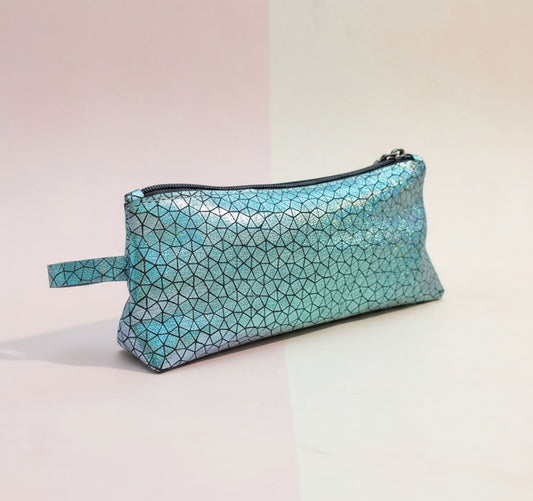 Holographic Blue Geometric Leather makeup purse