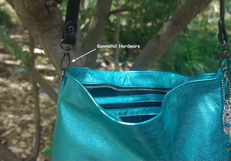 Metallic turquoise crossbody bag