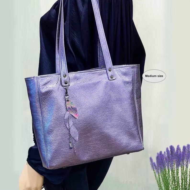 Large Lavender Lilac Metallic Leather Tote