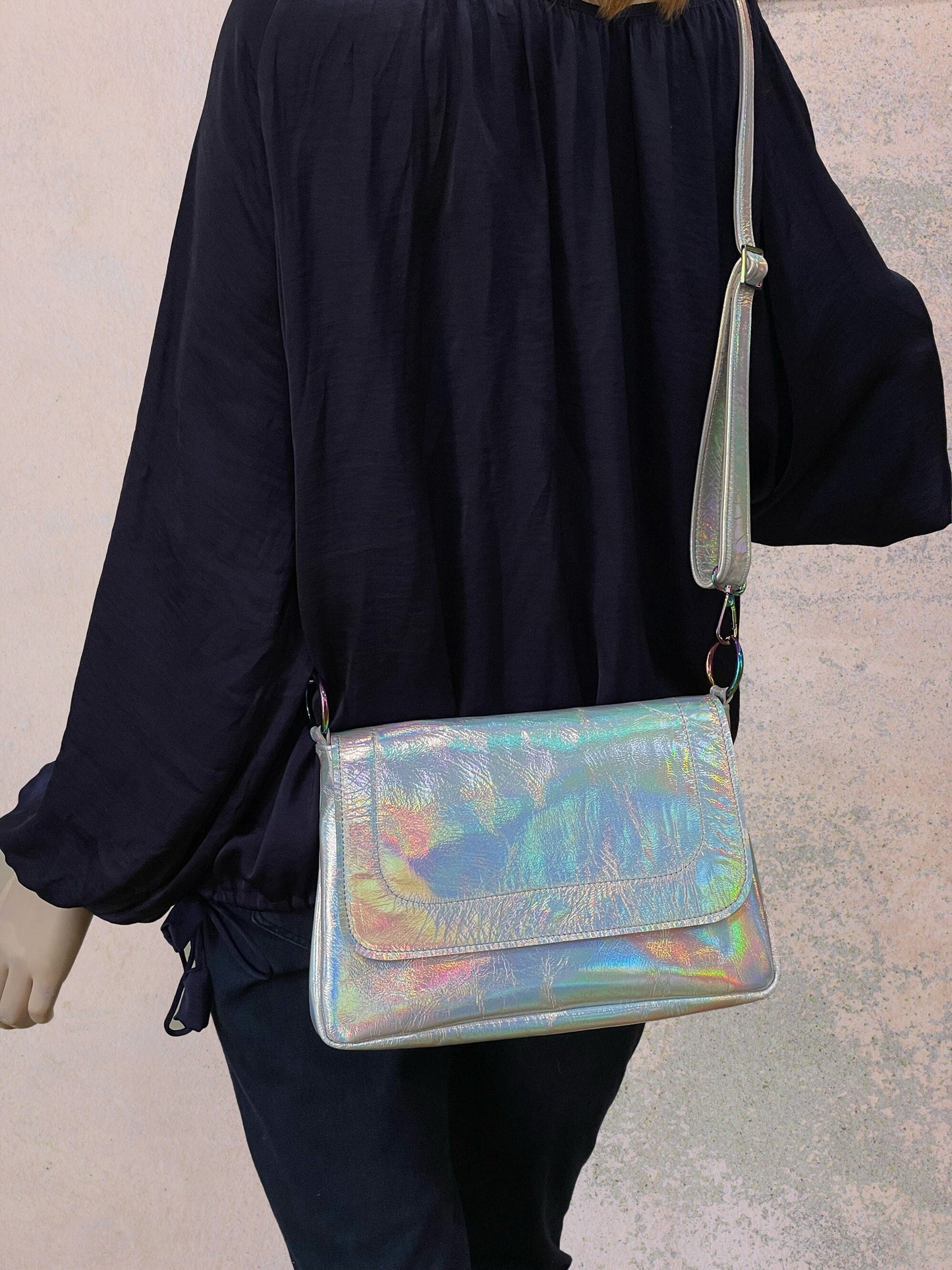 Holographic Silver flap over Messenger bag, premium Italian holo leather, Iridescent