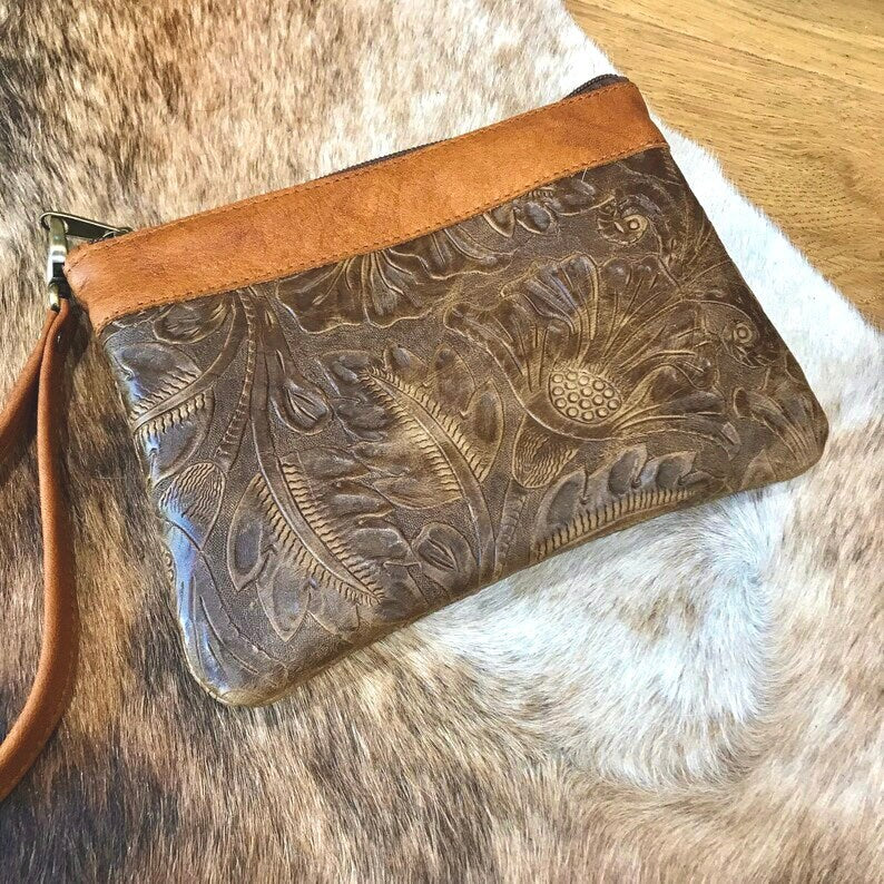 Tooled Leather Wristlet, Australian western floral embossed clutch