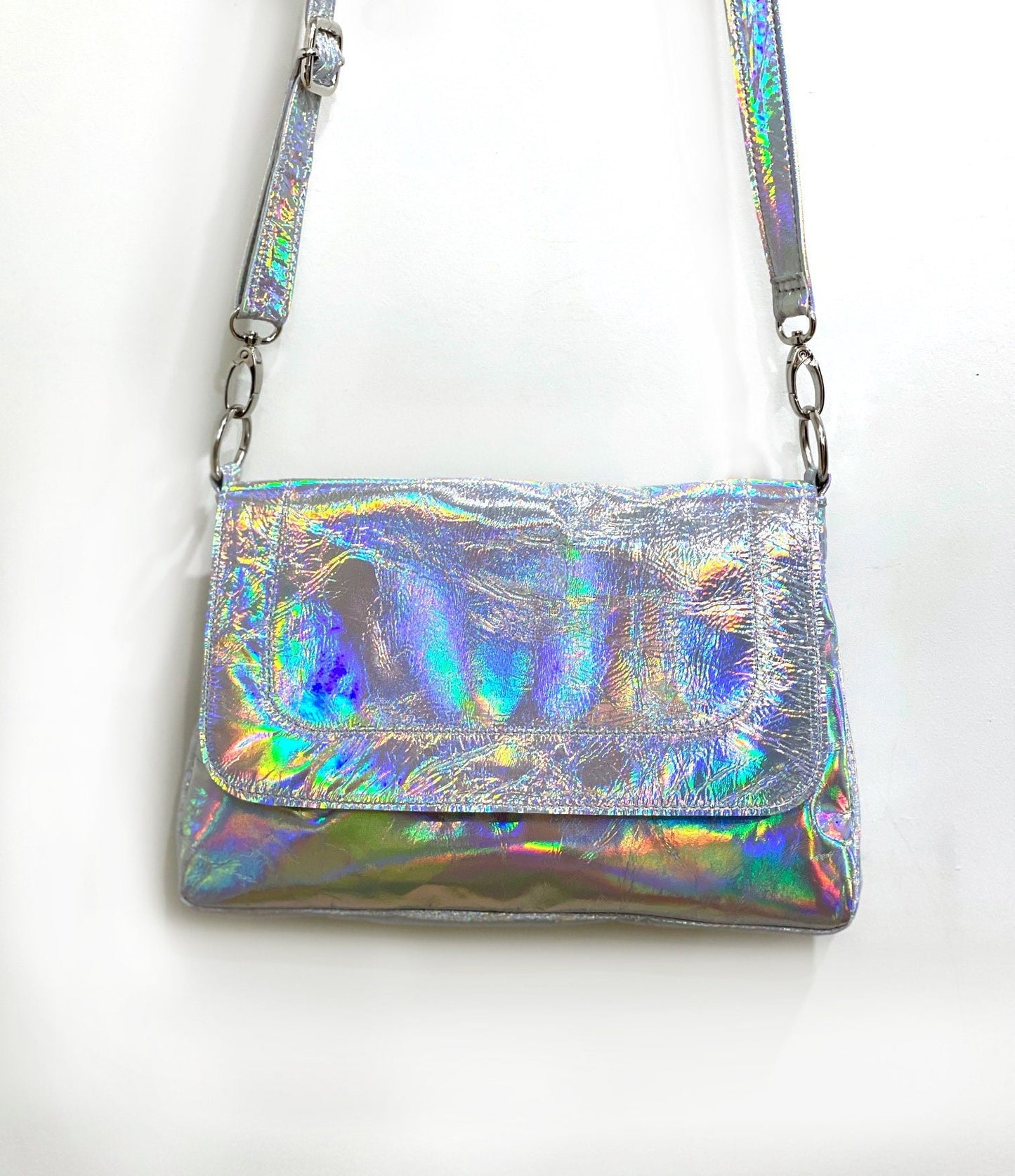 Holographic Silver flap over Messenger bag, premium Italian holo leather, Iridescent
