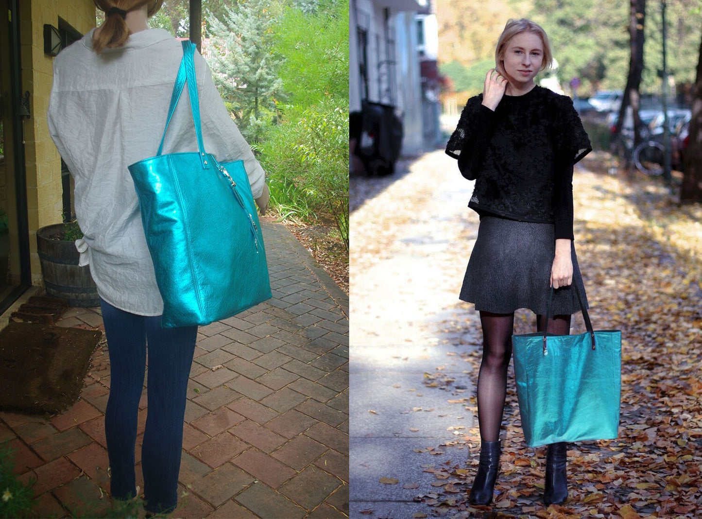 Metallic Turquoise Leather Tote, free leather zipper purse