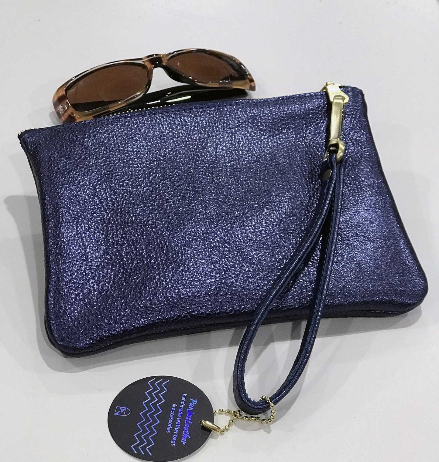 Metallic leather Wristlet, softest leather zipper purse