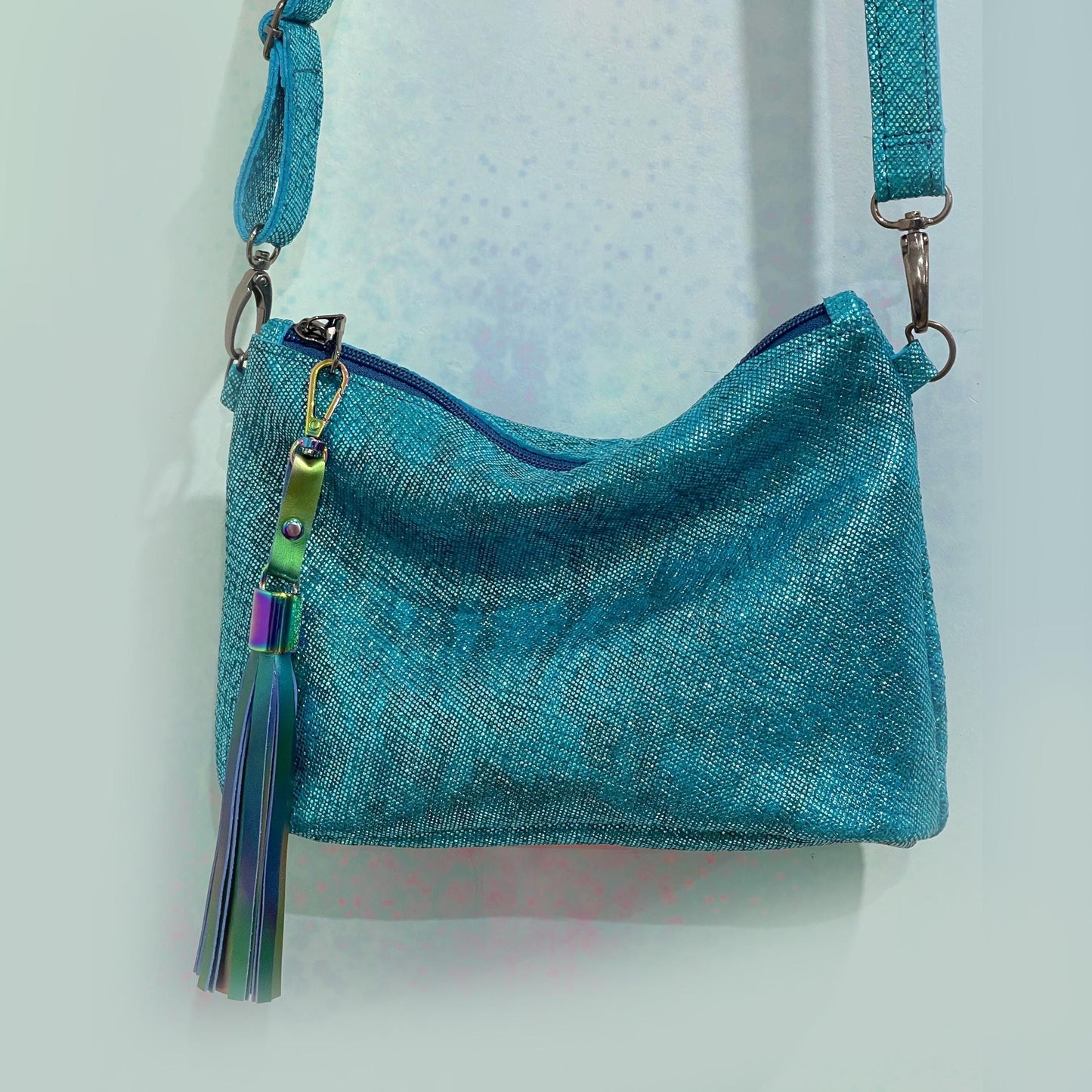 Small turquoise metallic Leather crossbody bag. 1 IN STOCK
