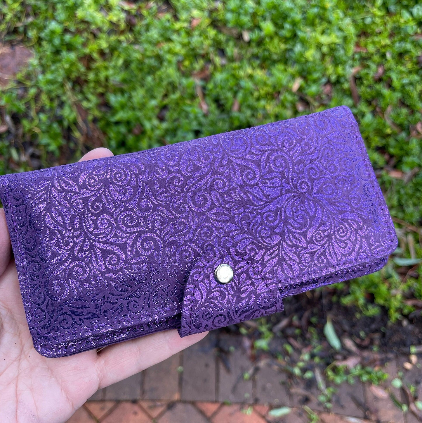 Metallic Purple Leather Wallet Purse with zipper pocket