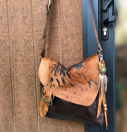 Cowhide Celtic Leather Crossbody, wide strap, OOAK cowhide