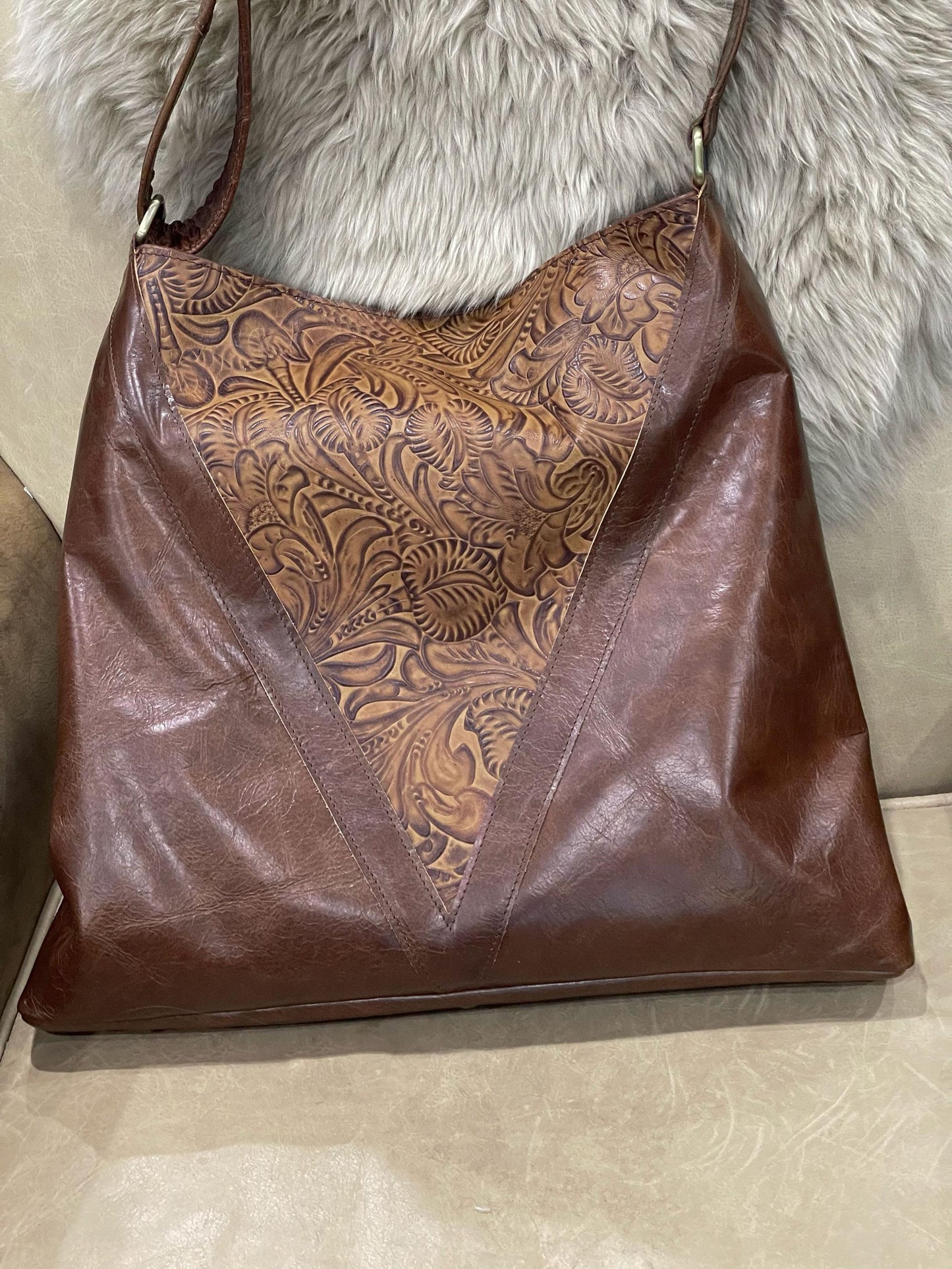 Brown tooled leather Tote bag, Premium Leather, flower and leaf design