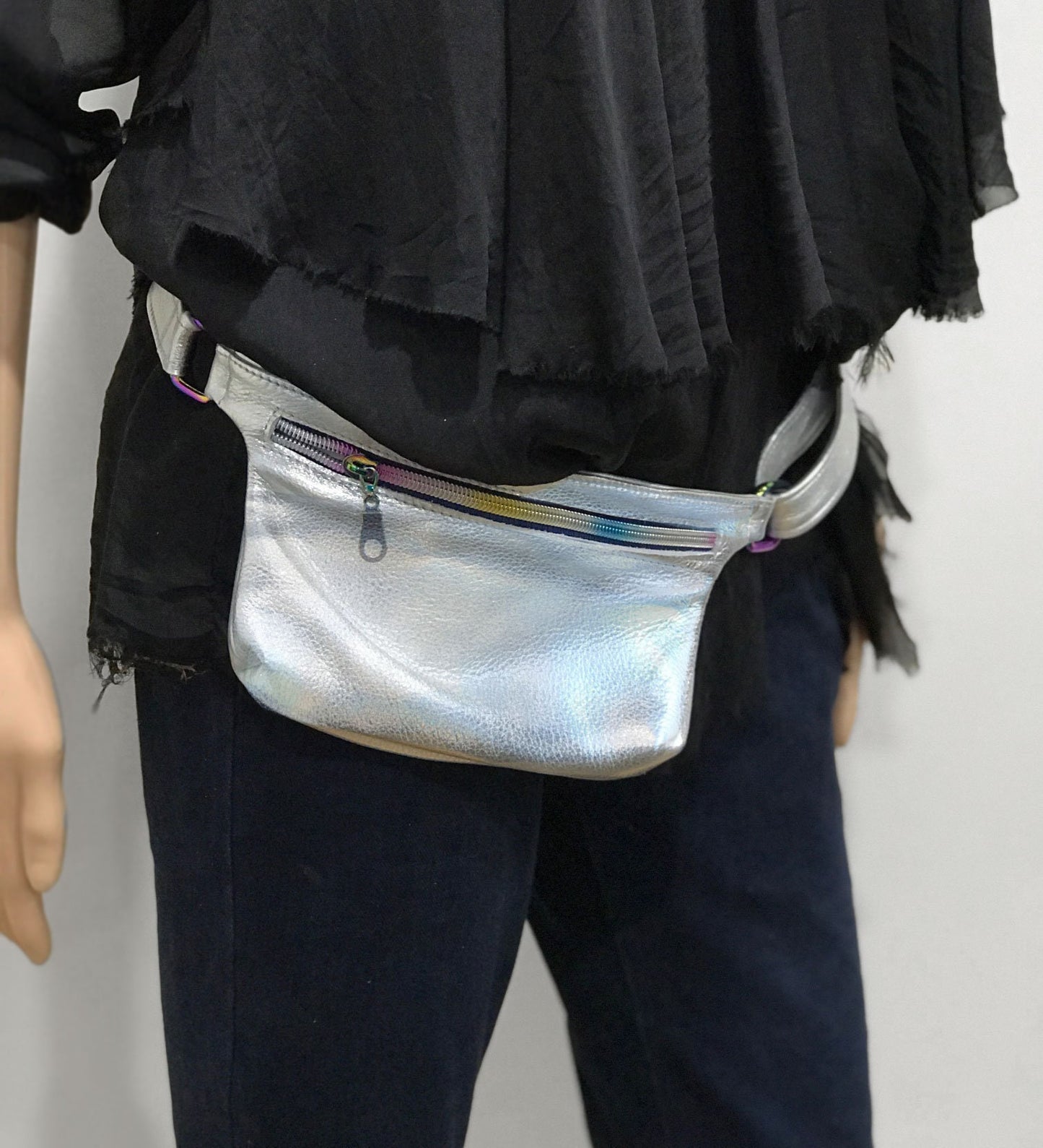 Metallic Silver Leather bum bag, Leather fanny pack