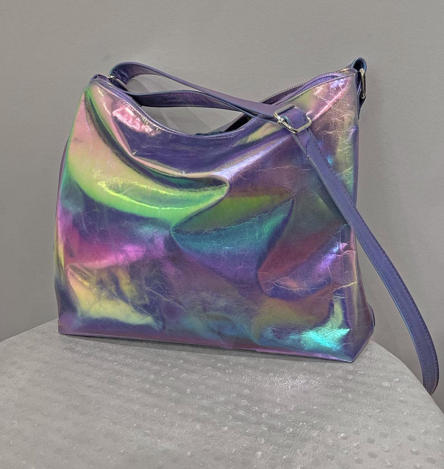Holographic multi colour handbag with silver hardware