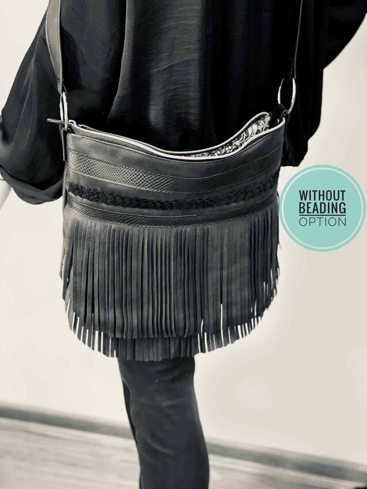Black Double Fringe Bag, boho braided leather