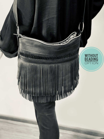 Black Double Fringe Bag, boho braided leather