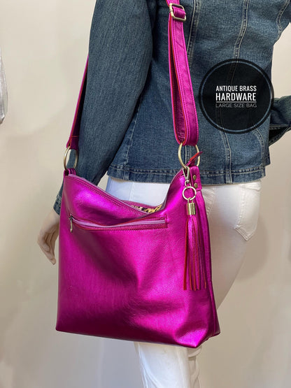 Metallic fuchsia pink crossbody bag