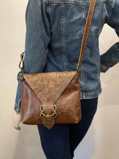 Tooled Brown Celtic Buckle leather crossbody with flap