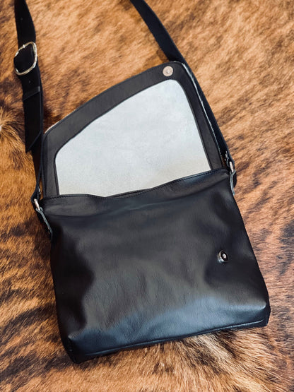 Black white Cowhide Leather Crossbody