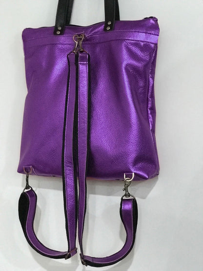 Purple Metallic Leather Backpack with Optional Tote Straps