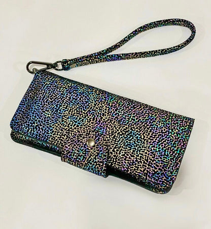 Multicolored patterned wallet with wrist strap and wide tab press clasp
