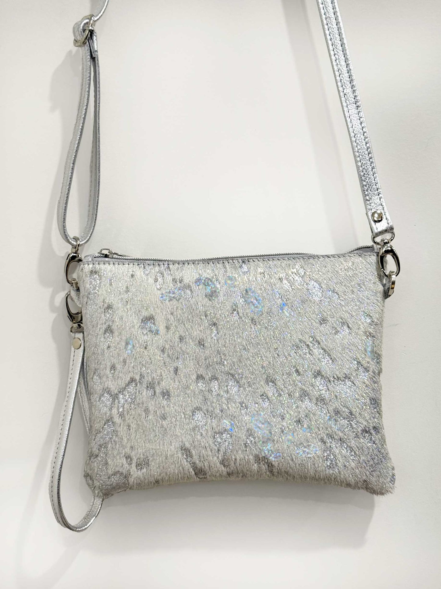 Small Acid wash Iridescent holographic cowhide and metallic silver leather bag IN STOCK