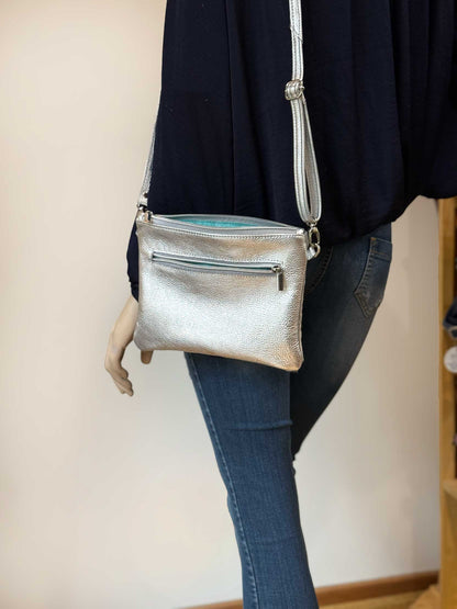 Small Acid wash Iridescent holographic cowhide and metallic silver leather bag IN STOCK