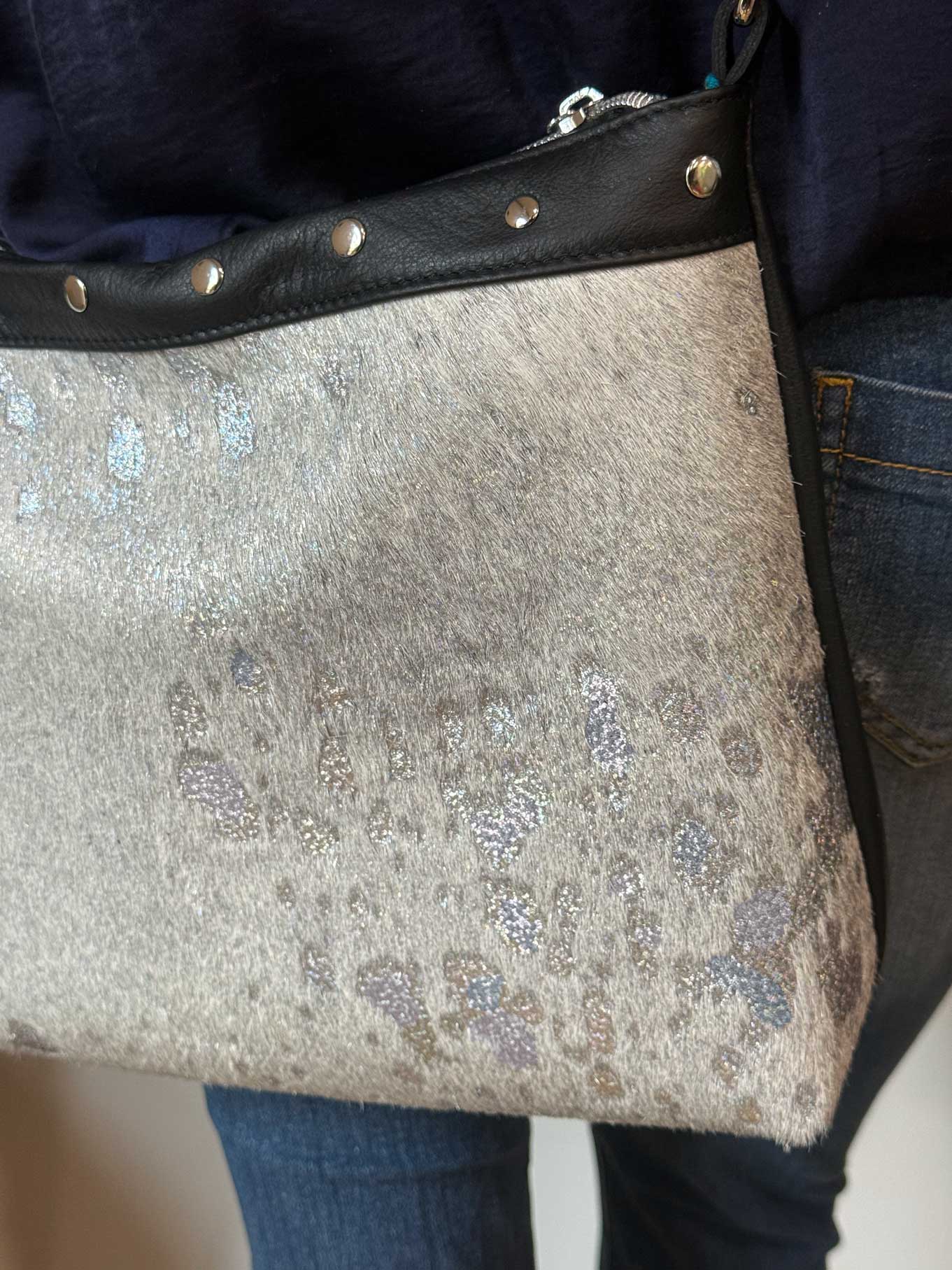 Acid wash Iridescent holographic cowhide and black leather bag
