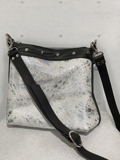 Acid wash Iridescent holographic cowhide and black leather bag