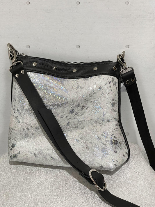 Acid wash Iridescent holographic cowhide and black leather bag