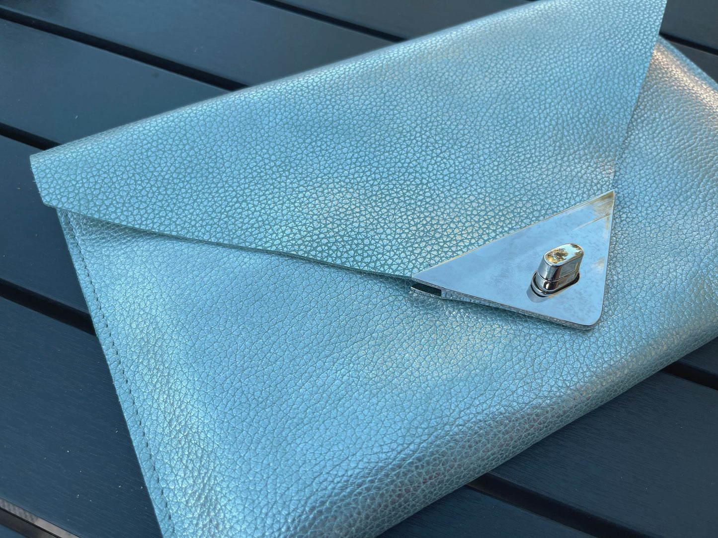 Light iridescent blue and Silver Metallic Leather clutch